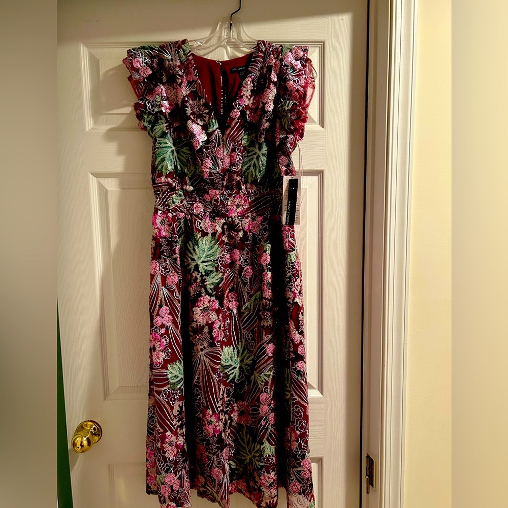 Maggy London Sequined Burgundy Floral Midi Dress, Size 10